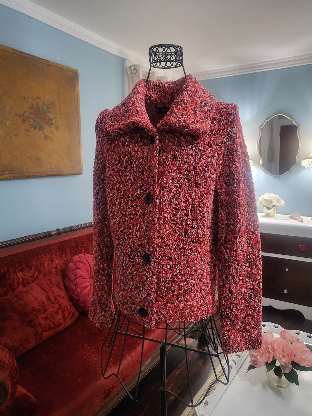Evan Picone Red-Mix Bouclé Teddy Coat
